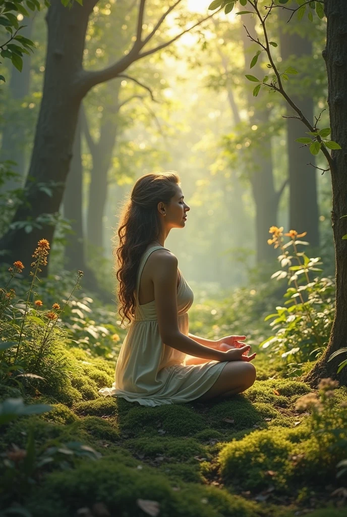 Araffe sitting on the ground in the forest with her legs crossed, deitado no caminho da floresta, sentado no forrest, in a magical forest, em uma clareira da floresta, fada da floresta, floresta fae, na floresta, amidst nature, alma da floresta, em uma floresta de conto de fadas extravagante, Perdidos em uma paisagem de fadas sonhadoras, sitting under a tree, enchanted with nature spirit.