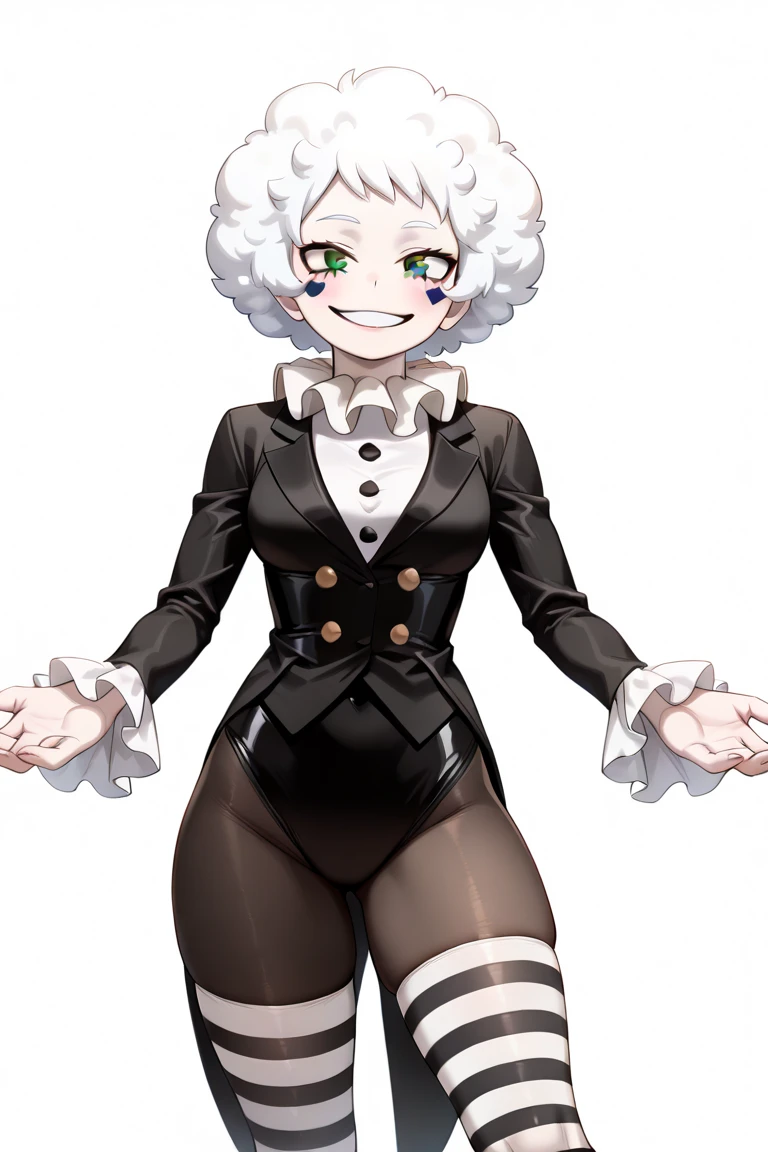 ((masterpiece, best quality,  High Resolution , 4K)), ((My Hero Academia draw style)), (Brown Eyes, Spade Pupils), ((White hair, Cloud Hair, Fluffy Hair, afro Made of clouds)), ((Female Character)), (Beautiful Eyes , Smiling, Delicate and beautiful face, White makeup, Pale skin), My Hero Academia Art Style, smooth shading, solo, Mature female, Thick thighs ((Mime Outfit, elegant outfit, Black and White, ballet leotard, Black Pantyhose, Striped Thighhighs, White and Black Thighighs, Black and White Tailcoat, Long Sleeves, Frilled Sleeves, Neck Ruff)) Standing, Mime pose
My hero academia character