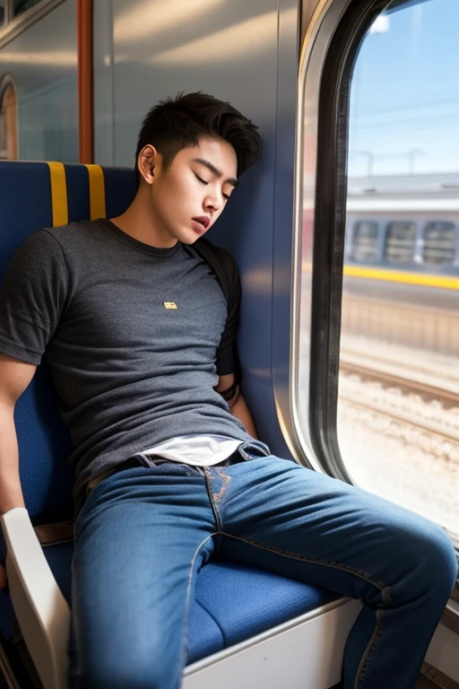 Chinese guy, neat muscular, shorts, sitting in the train, bulge, white shirt