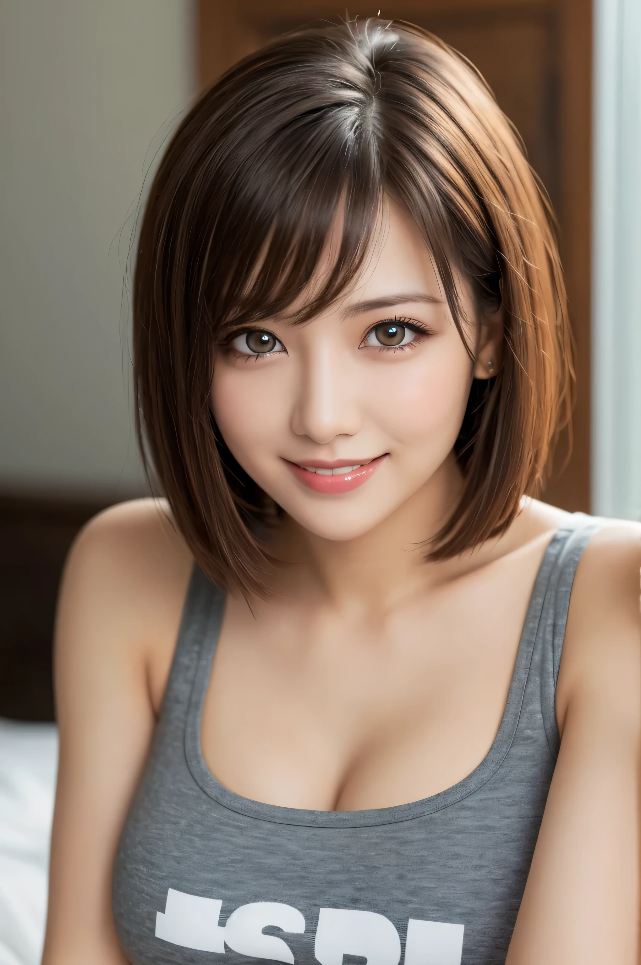 (8k, RAW Photos, highest quality, masterpiece:1.2), High-quality RAW color photos, Professional photos, (Realistic, photo Realistic:1.37), Cinematic Light, 1 girl, Laughter, White wall, Shot in front of the window, (A room with large glass windows), Various poses, break (Ombre:1.3) , Simple Necklace, (Beautiful profile:1.3), profile, Dark Brown Hair色, Short hair 20 years old, 1 person, ((Beautiful female announcer,A kind smile:1.5)),
((Gorgeous Earrings, Long Necklace:1.2)),
((Super tight swimsuit that fits perfectly to the body:1.5)),
((Sitting on the floor, Look up, No bra, See-through:1.5)),
(Full body image from thigh, Pay attention to the beautiful thighs:1.8),
((Sexy atmosphere, Sexy pose, Staring with an erotic gaze:1.5)),
((Stand on your feet, Focus on the crotch:1.5)),
((luxury hotel bedroom bed, The midsummer sun shines on the whole)),
((The large windows overlook the ocean horizon.:1.2)),
Flexible body :1.3, Model Body Type:1.5, 頭w:1.4, Perfect Style:1.4,
Realistic skin texture, Fair skin, Shiny skin, Healthy thighs,
Highly detailed face, Slim face contour, Beautiful small face, Beautiful Nose,
Ultra-detailed eyes, Slit eyes, Brown eyes, double eyelid, Ultra-thin eyebrows, Thin, long eyelashes,
Ultra-detailed lips, Plump and moisturized lips, Glossy pink lips, Flushed Cheeks, ((White beautiful teeth)),
Beautiful actress's ennui makeup, Pink lipstick, Smoky eyeshadow, Eye foundation,
Dark Brown Hair, Delicate soft hair, Hair blowing in the wind,
(Put your hair up, Medium Short Hair, Elegant curly hair:1.2),
Layered Cut, (Blunt bangs:1.2),
Mouth half open, Attractive look, Looking into the camera,
((Lift your face a little)),
((Chest to chest)),
((Squint your eyes)),
((Pursing your lips:1.2)),
((Cheeks turn red:1.2)),
((Flat Chest)),