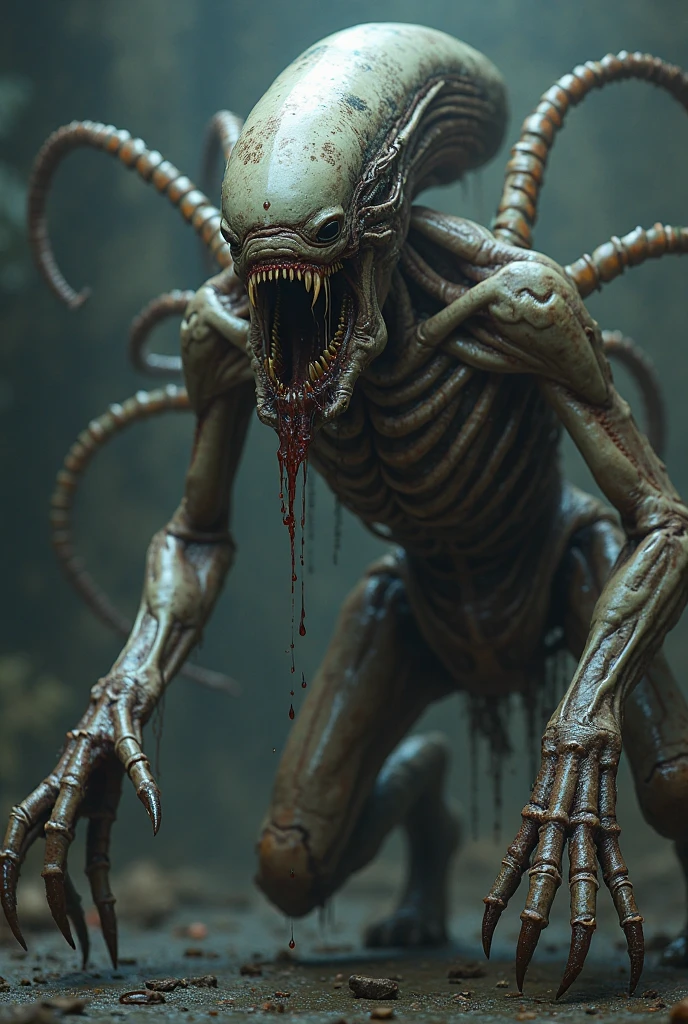  ((best quality)), ((masterpiece)), (detailed), an alien creature, humanoid, (gigeresque), pale, milk-white skin, translucent skin, smooth skin texture like a dolphin, no hair, round head, (bulbous head), (xenomorph head), (atrophied eye sockets), (smooth face), (bright prominent gums), (a long tongue like an elephant trunk coming out of the mouth with a squid-like beak at the tip), (protrusions along a skeletal ridged back), (breathing holes on the chest), a tail that splits into three tentacles, (walking on long skinny arms), where the legs would be is another set of arms that are used for grabbing, H R Giger, Clive Barker's The Thing, xenomorph, predator, Engineer, sci fi horror, cosmic horror 