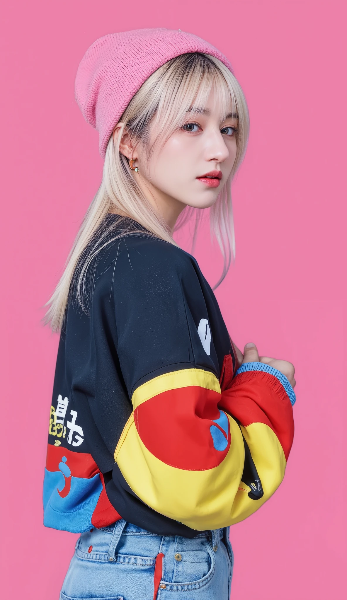 8k, masterpiece, half view , fashion photography ,dynamic posture, Pretty girl wearing a long shirt, , , , , straight white hair and bangs, White skin, bright blue eyes with pink and blue eyeshadow, nude lips, wearing a bright outfit, , , , a colorful jacket,, Unusual graphic pattern, white shorts jeans,Pretty tall and slender legs ,Long socks with a slight pattern.,Distinctive canvas,a bright pink beanie,Beanie hat with big and cute ears., , , abstract earrings with neon colors and pendants, , , , Look at the camera with confidence, bright, Stu light Colorful Background Dios..