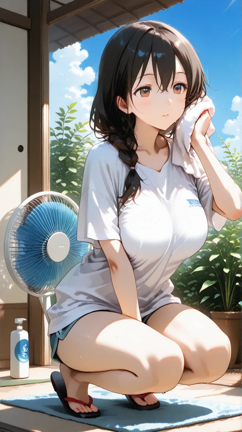 score_9,score_8_up,score_7_up,masterpiece,best quality, source anime, realistic, super detailed, extreme detailed, rating_safe,
1girl, all fours, from front,  (electric fan:1.2), (wind:1.2), (floating hair:1.3), 
BREAK girl, 22yo, short hair, bob cut, (blunt bangs), black hair, (tareme, detailed cute brown eyes), curled eyelashes, (large breasts:0.9),
shiny hair, beautiful detailed eyes, beautiful face,
white collared shirt, black tight mini skirt, cleavage, bra peek, (sweat),
blush, half-closed eyes, wavy mouth, stick out tongue,
indoors, summer, Japanese room, tatami,
