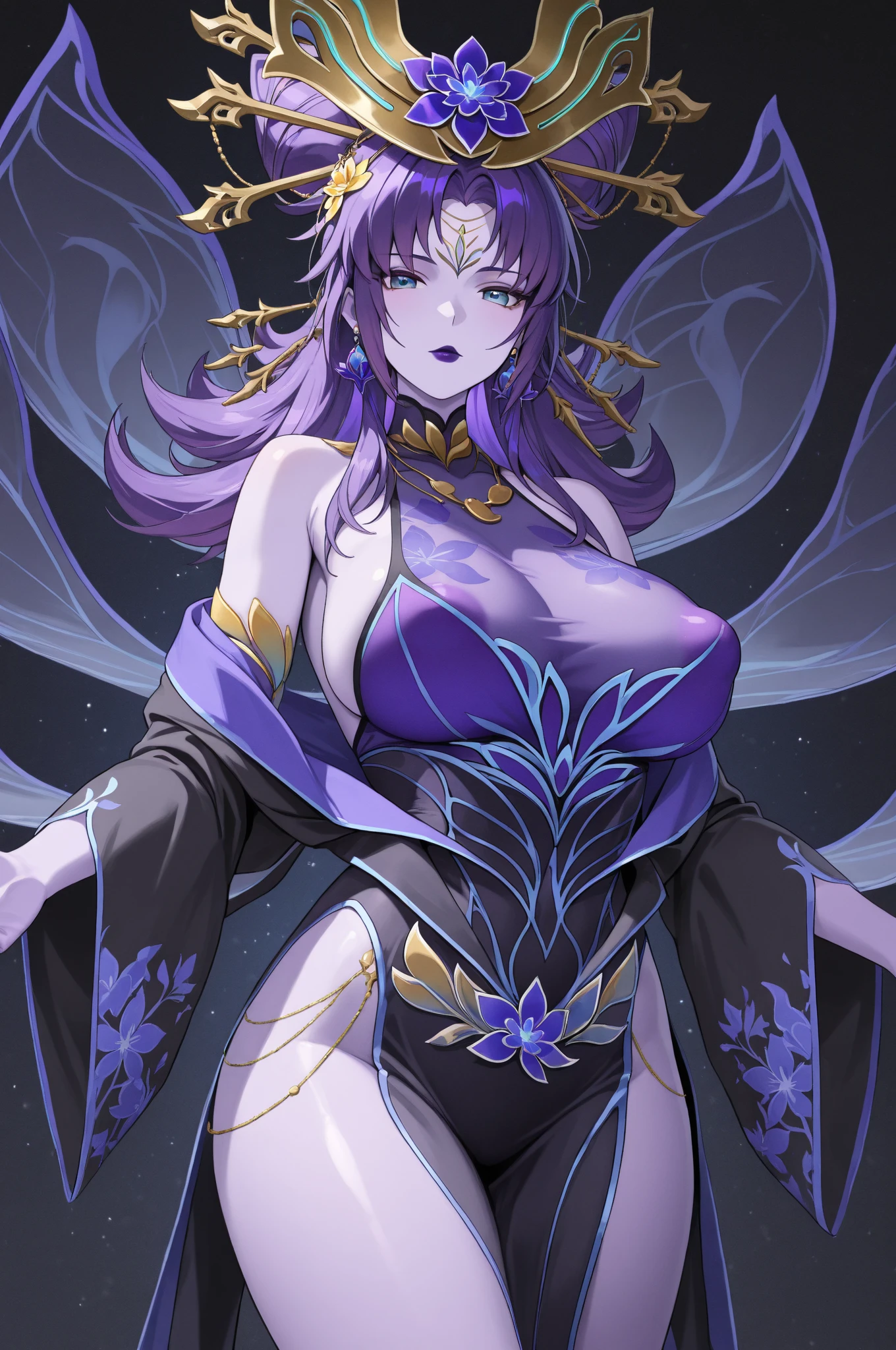 a priestess with a suggestive pose and a beautiful face with wisteria trees behind her during the full moon