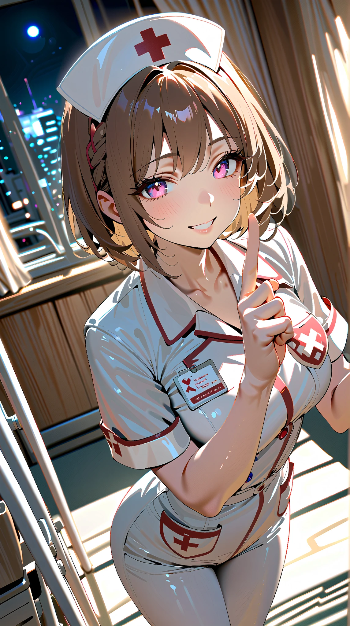 ((Highest quality、masterpiece、Anime Style、Highest quality、High resolution、8k、detailed、ultra-detailed:1.3))、Long legs、Sharp focus:1.2, Beautiful woman with perfect figure:1.4、(smile:1.2), double eyelid、30-year-old woman、Sexy pose、((((Shut your mouth.、One Woman、Nurse uniform:1.5)))),The background is a near-future Tokyo