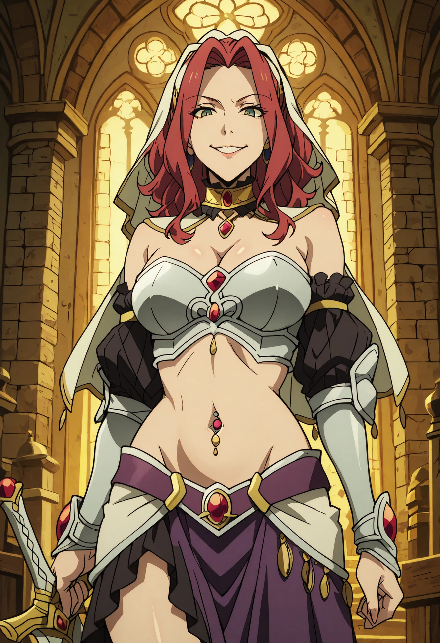 masterpiece, anime coloring, newest,   Malty S Melromarc, Main Outfit, solo, looking at viewer, castle,inside castle, masterpiece, best quality, highly detailed ,gold_choker, complex detailed
background, inside, holding a sword, sword,harem_outfit,navel, necklace,
pelvic_curtain,revealing_clothes, veil, masterpiece,best quality,mature,evil
smile ,necklace,pendant, (nsfw) not safe for work, exposed belly, exposed navel, midriff,
exposed lower belly, ,cleavage, navel piercing