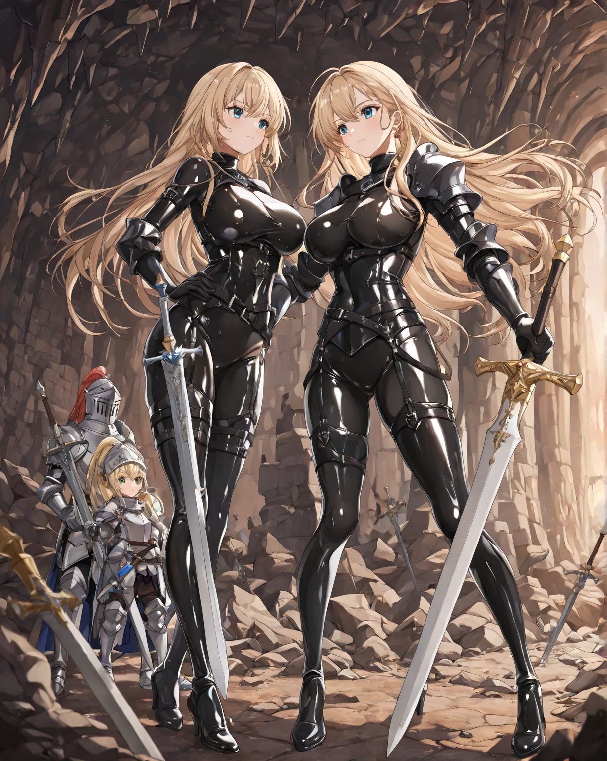 (masterpiece),(ultra-detailed), (high quality), (high resolution), (best quality:1.5, highres, UHD), highres, absurdo, ultra detail, ultra quality, (2heads:1.5), 1girl, golden blonde hair, thighs, (gray armor), female warrior, (fully armored), (medieval outfit), (black eyes), sword, armored chest piece, gorgeous female knight, Guild Clothes with Armor, Fantasyart:1.5, (1 Female Knight:1.5), Detailed and detailed depiction armor