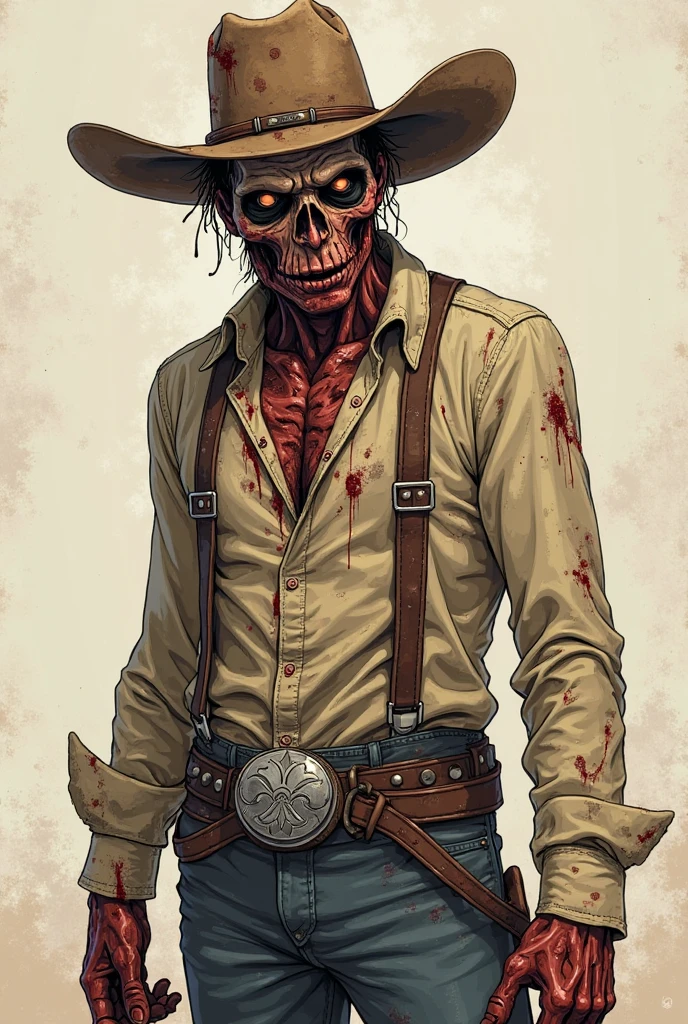 (horror), portrait of a cowboy, short beard, (cowboy hat), ((best quality)), ((masterpiece)), ((realistic)), (detailed), professional majestic oil painting by Ed Blinkey, Atey Ghailan, Studio Ghibli, by Jeremy Mann, Greg Manchess, Antonio Moro, trending on ArtStation, Intricate, High Detail, Sharp focus, dramatic, photorealistic painting art by (greg rutkowski:1.1) (Horror Colors:1.5)