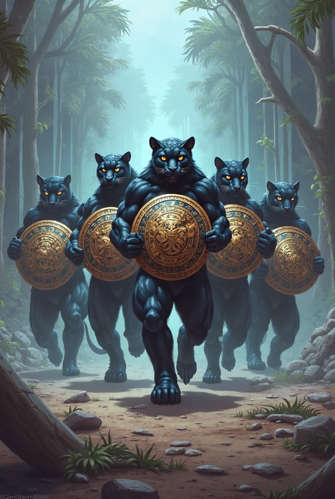 (best quality,4K,elegant work of art:1.2),Super detailed,Photorealism:1.37,Black panther creature with human features,Well-defined muscles,Wearing a loincloth made of animal fur,Clearly visible chest and abdominal muscles。Two black panthers,A pair of parents and a ,Kneeling on the ground。