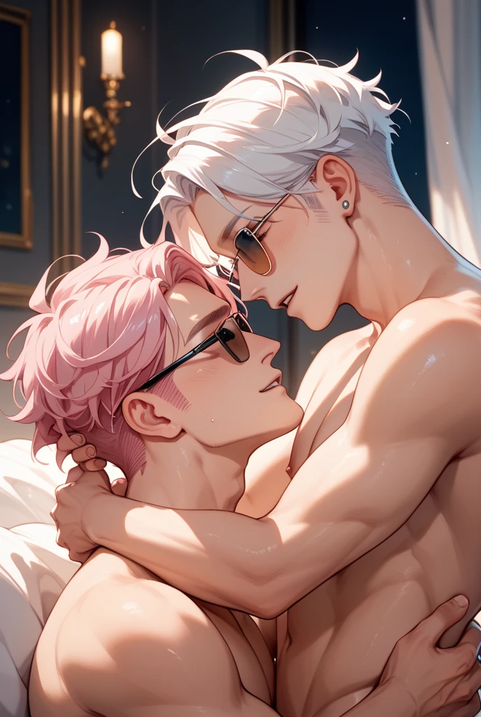 1 girl, pixie cut, white hair, purple eyes, Japanese, large breast, naked, kissing, 1 boy, tall, well built, wolf cut,long black hair, red eyes, making out, sexy sex, full body
