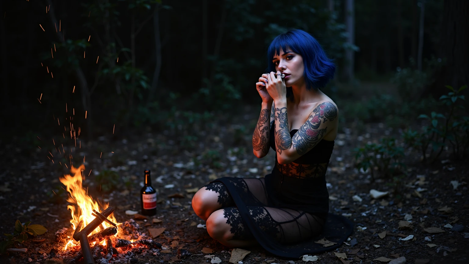 A realistic picture. An ugly, Normal weight woman with black shoulder length hair. She's pale and has tattoos on her arm. She is on a campsite. She sits at a beer table. She has brown eyes. She's putting on makeup. 