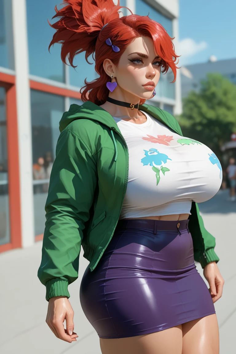 masterpiece, best quality, expressive eyes, perfect face, SunnyRay:1 cosplay attire to GobboslutV1, big eyes, looking at viewer, large breast, big breast, small waist, , Best Quality, Realistic, perfect figure, highly detailed, showing cleavage, dressed as merida from brave, Red curly hair, big hair, blue eyes, Green outfit, in the forest, bow and arrow, detailed dress, freckles on her face, cheek blush, big puffy hair, very curly hair