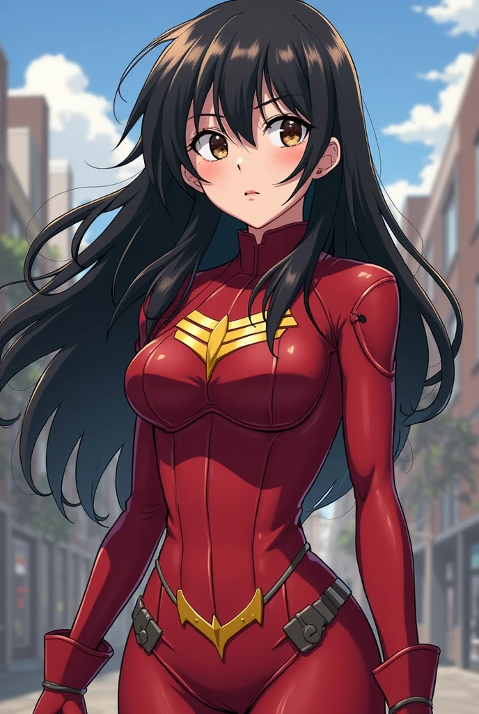 (8k),(masterpiece),(Japanese),(8-year-old girl),((innocent look)),((Childish)),From the front,smile,cute,Innocent,Kind eyes,Flat chest,Hairless vagina, Cameltoe,white cape, Red Mary Marvel Costume,semi-long,Hair blowing in the wind,Black Hair,Strong wind,night,dark, Neon light cyberpunk city