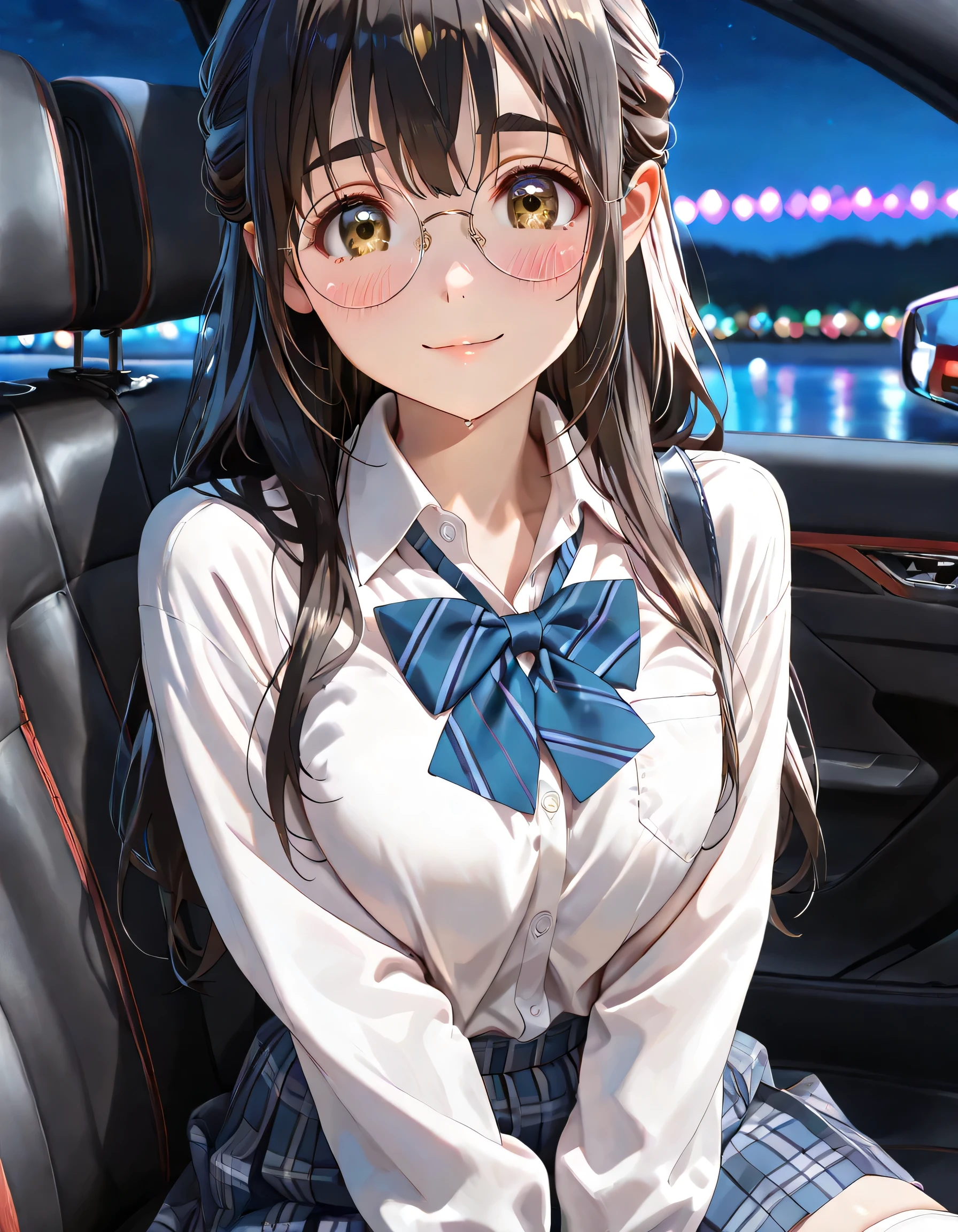 ((ultra-detailed)), (highly detailed CG illustration), (best quality:1.2), ultra-highly detailed, colorful composition, artistic photoshoot, 1girl, solo focus, upper body, moe anime character, girl, dainty facial structure, babyface, round face, rounded chin, short stature, night:1.4, night drive:1.3, (in the side seat of the car:1.4), looking viewrer:1.3,, thick eyebrows, half updo, sagging eyes, long hair, black hair:1.3, brown eyes, (wearing glasses:1.3), (round eyewear:1.3), black hair color:1.3, half updo, ample breasts, school uniform, blue stripe neck bow, long sleeves white shirt, blue checked pleated skirt, and white high socks, gentle smile:1.2, blush:1.1, portrait, depth of field, lighting, sidelighting, shine, lighting, caustics, ray tracing, lustrous skin, highly detailed face, highly detailed eyes, perfect nose, perfect anatomy, beautiful hair, beautiful small face, beautiful detailed eyes, beautiful clavicle, beautiful body, beautiful breasts, leavage, breasts squeezed together, beautiful thin thighs, beautiful legs, beautiful fingers, lovely, (very detailed background:1.0), (highly detailed background:1.0), intricate details, chromatic aberration