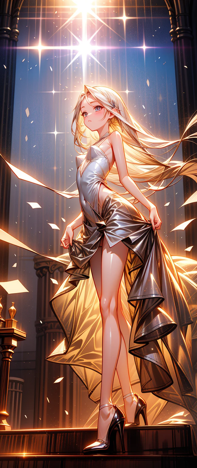 an art of milo manara of a russian blond girl with katanas , loose hair blowing in the wind , light revealing dress, occidental comic looks, dueling