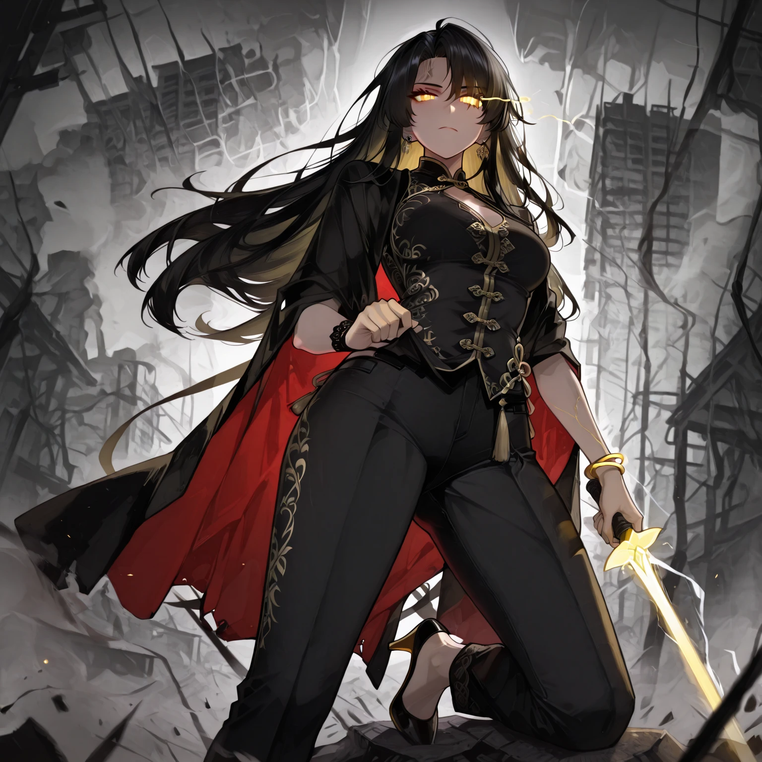 masterpiece, best quality, anime cinematic illustration, full-body shot of a powerful modern Chinese cultivator woman standing firmly in the center of a burning urban battlefield, black traditional hairstyle flowing in the wind, vivid yellow glowing eye visible, face calm but intense, celestial aura radiating around her

strong battle stance: feet shoulder-width apart on cracked asphalt, one hand lowered at her side, the other slightly lifted as energy coils around her wrist, posture confident and unshakable, heels grounded on debris

outfit: sleek modernized Chinese blouse and fitted pants with high-contrast accents, black and crimson fabric embroidered with ancient symbols, glowing softly at the seams

background: collapsed buildings, shattered signs, floating embers, thick smoke veiling neon skyline, magical distortion rippling behind her from unleashed divine power

lighting: cinematic contrast with warm firelight on one side and cool glow from celestial aura on the other, soft reflections on rubble and glass, intense eye glow lighting up cheek and forehead

composition: low angle with dramatic focus, heroine towering over the urban ruins, cloak or long hair in motion, visual tension between stillness and unleashed chaos