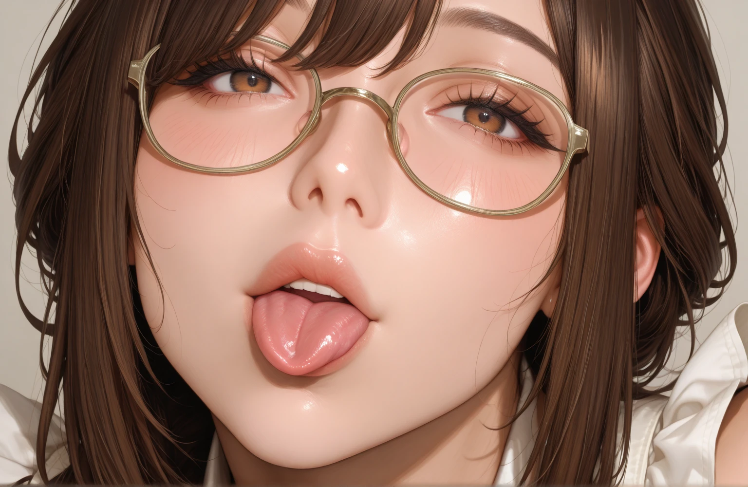 Beautiful mature 65 year old Japanese woman, Grandmother, Wrinkled, 1 penis, Long eyelashes, Low Ponytail, Mixed gray hair, Red lipstick, Pink blush, Pearl Necklace, Earrings, Dark eyeshadow, Wearing glasses, Completely naked, (Put penis in mouth), ((Blowjob)), Sucking an erect penis with your mouth, Open your mouth, Focus on the face, Front view, Obscene, Pussy, Browsing Caution