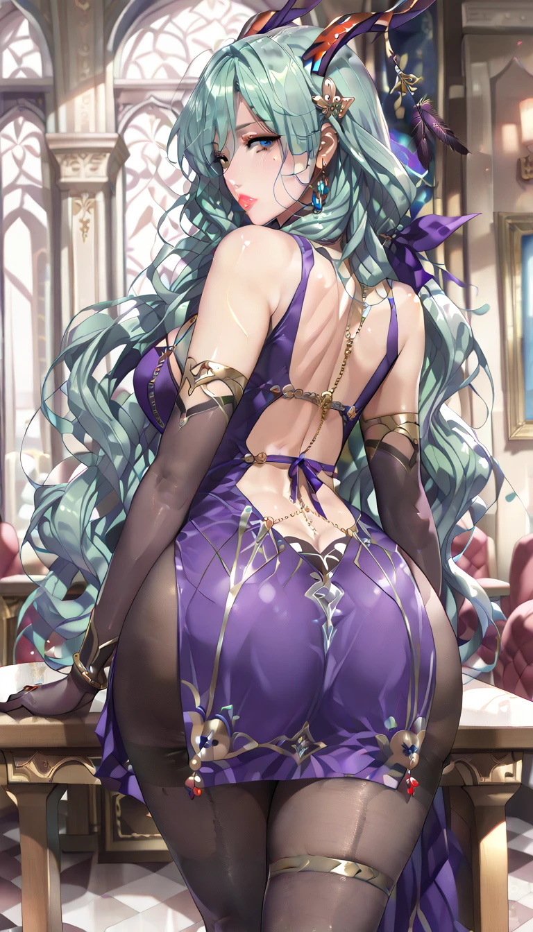 tiara, perfect eyes:1.2, detailed eyes:1.4, green hair, library, books, ass, looking at viewer, single braid, very long hair, long braid, yellow eyes, glasses, round glasses, fringe, shy, pointy ears, elf ears, juliet sleeves, detached sleeves, puffy sleeves, bare shoulders, hood, black gloves, white pantyhose, thighlet, jewelry, makeup, lipstick, large breasts, from behind, beautiful body, cleavage, 1girl, solo, (masterpiece:1.6, best quality),