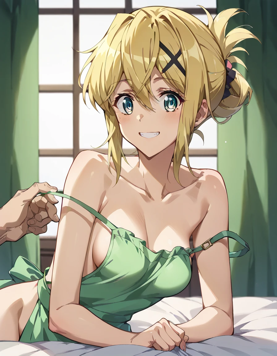 score_9, score_8_up, score_7_up, score_6_up, score_5_up, score_4_up, source_anime, anime screencap, anime coloring, kikoru, 1girl, blonde hair, twintails, green eyes, hair ribbon, black ribbon, bangs, upper body, smile, room, bed, indoors, blush, grab breasts, holding breasts, cleavage, looking at viewer, undressing, navel, sitting, nipples, stomach, micro bikini,