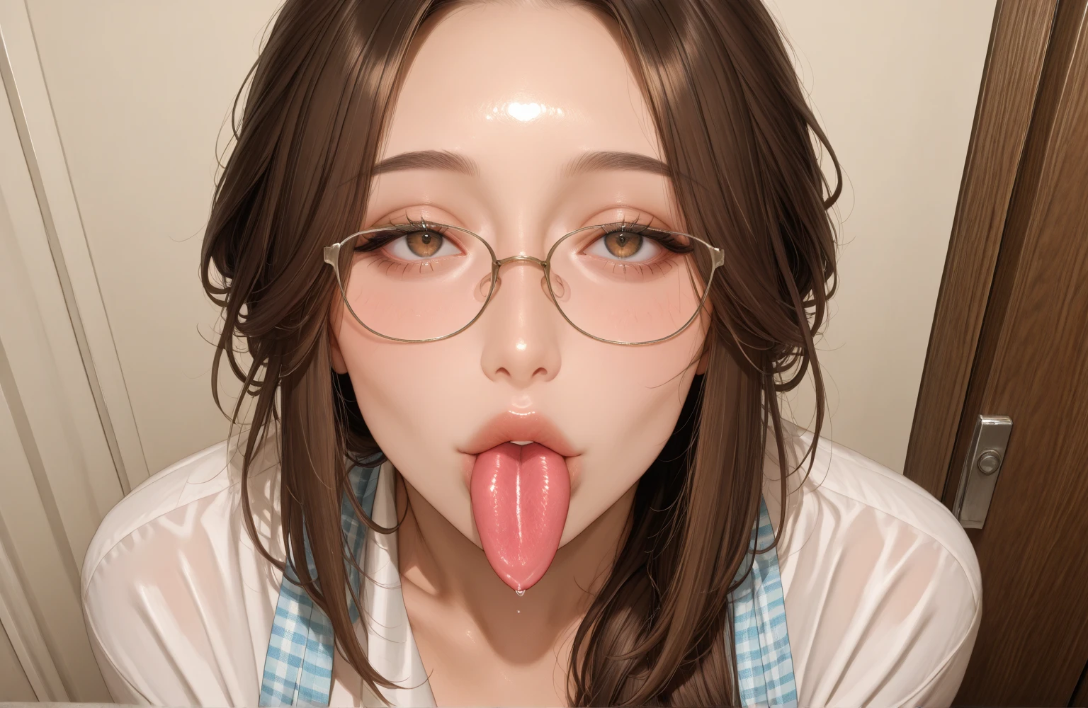 Beautiful mature Japanese woman aged 55, One male penis, Long eyelashes, Super Short Hair, Red lipstick, Pink Cheeks, Pearl Necklace, Earrings, Dark eyeshadow, Sucking penis, Blowjob, Open your mouth and suck, Drooling, Focus on the face Wearing glasses, 