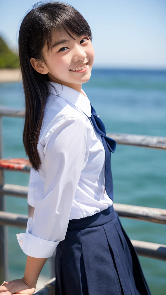 1girl in , 12 old, Happy smile, Eyes are brown, masutepiece, Best Quality,(Detailed),(Lori),Girly running,a junior high school student, Sailor School Uniform, Lori, tits out, On the way to school, (slender:1),japanse, small brest, sexuell, The wind is blowing, Sky blue seaside,Bright sunshine