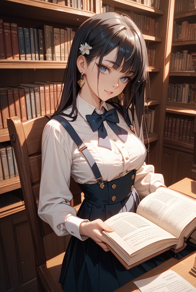 1girl,magical girl, holding book, Ice blue eyes, black hair,long hair, black corset, lace skirt, black legwear, library, realistic,