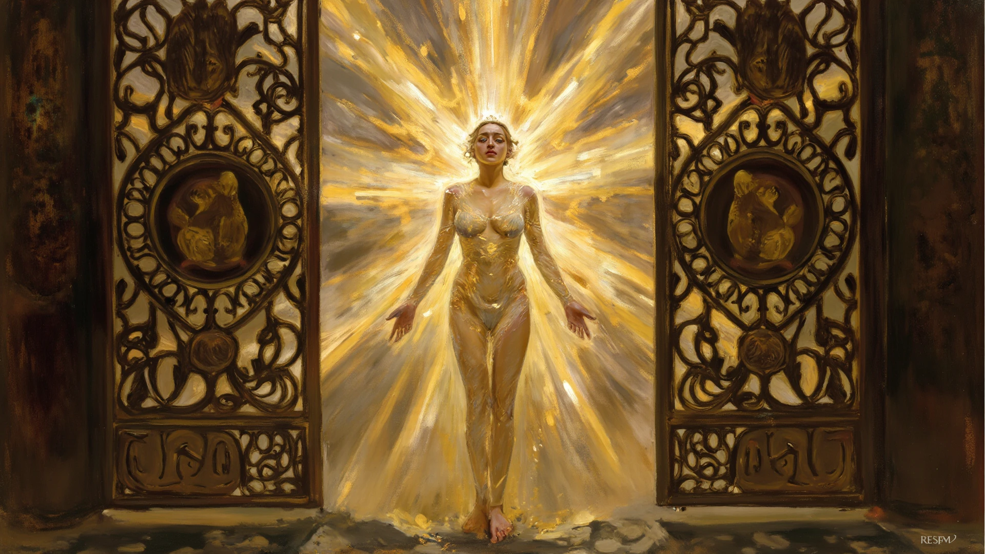 Woman from the front, he is not wearing clothes, perfect body, medium tits, Wide hips, rigid, straight, arms outstretched