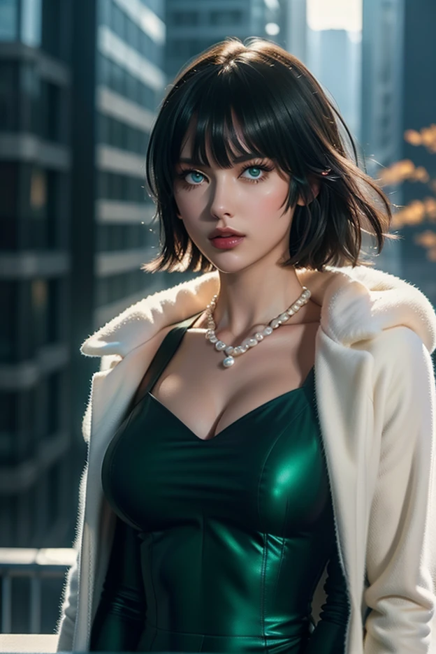 Fubuki from opm, realistic, age 25, pure white skin, green eyes, dark green bob hair, white fur neck collor, green coat, perfect face, perfect shape body, above large breasts, clothes covered upper body, 3d art gram, detailed art, posing to viewer, cowboy shot.