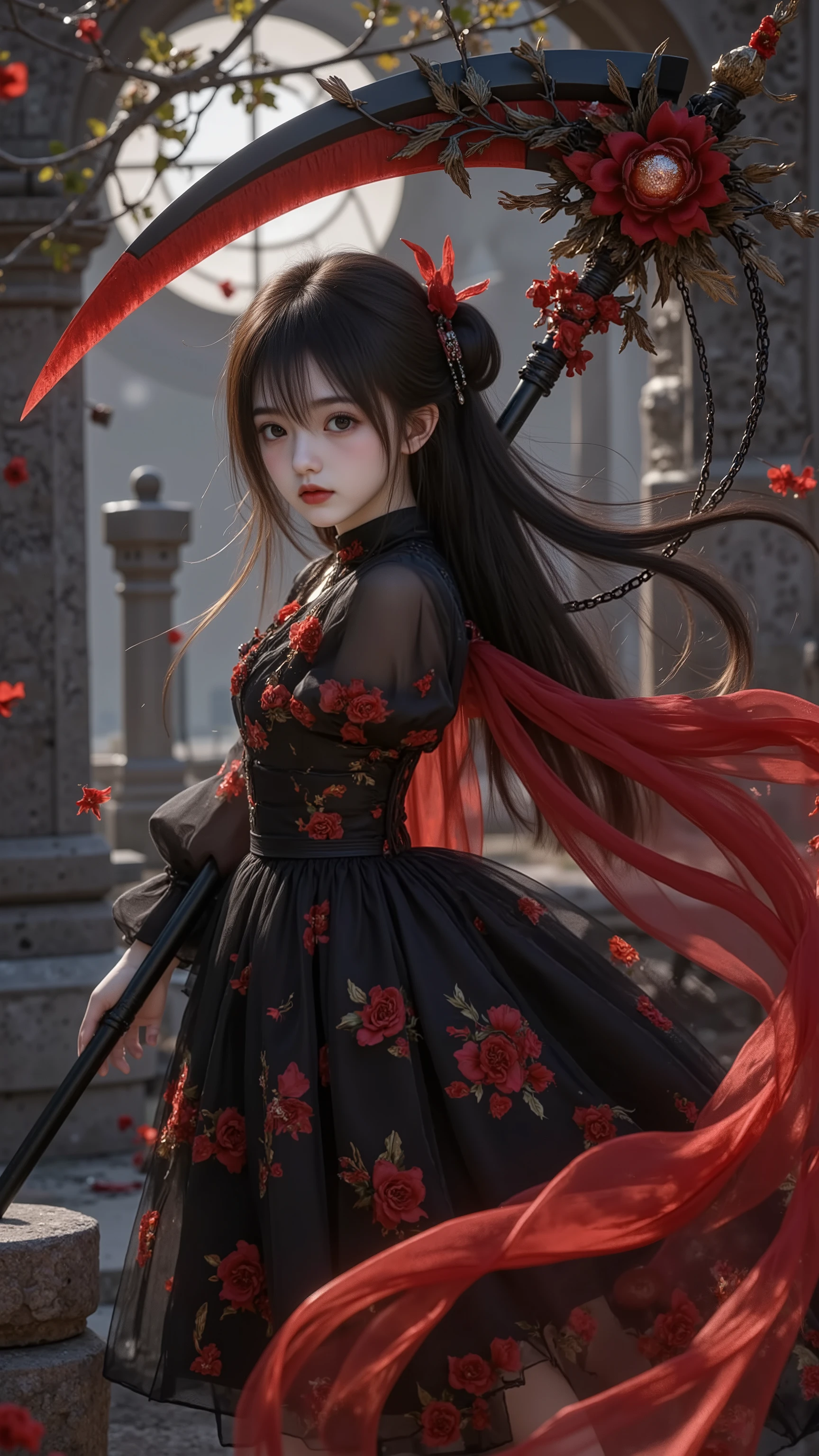 The photo depicts a young girl in anime style, which stands out with a brilliant black and red tone, creating a mysterious and powerful feeling.
Overall : The girl stands in the middle of a seemingly gloomy scene, which could be a forest or a cemetery, với những thân cây hoặc cột shadowy phía sau. The surrounding air has many red debris floating around, creates a ghostly effect.
character:
* The hair: Cô gái có mái The hair đen dài, smooth , which seem to have a few red strands or streaks mixed in, đặc biệt là ở phần đuôi The hair. The hair cô được tạo kiểu tự nhiên, floating gently as if in the wind.
* Eye: Đôi Eye của cô gái có màu đỏ rực, glows, creating a strong and powerful highlight on the pale face. Ánh Eye hướng thẳng về phía trước, look cold and resolute.
* outfit : Cô mặc một chiếc dress ngắn màu đen, designed with many layers of pleated and ruffled fabric, for bulging and floating. The slightly puffed sleeves at the shoulders, the collar seems high and tight. Dưới chân dress, There are many pieces of fabric or bright red effects, which looks like flames or dissolving petals, which blends with the surrounding red debris.
* Accessory: on the head, cô có đeo một chiếc nơ hoặc phụ kiện The hair màu đen, may have red or metallic details. Đáng chú ý nhất là chiếc scythe lớn mà cô đang cầm.
weapons (scythe):
* Chiếc scythe có kích thước khá lớn so với cô gái, with the sharp curved blade in jet black.
* Phần cán scythe và các khớp nối có nhiều chi tiết màu đỏ rực, looks like crystals, đá quý hoặc năng lượng đang glows. There are small black chains wrapped around the handle, adding a creepy and powerful look.
* Toàn bộ chiếc scythe toát lên vẻ nguy hiểm và đầy quyền năng.
Color and light:
* The contrast between the main black color (The hair, dress, scythe) and the bright red color (Eye, hiệu ứng dưới chân dress, scythe, flying debris) is the main highlight of the photo.
* The lighting is mainly focused on the character, đặc biệt là đôi Eye và các chi tiết màu đỏ, making them stand out against the dark background.
context:
* Behind the girl is a dark space, shadowy, with the shapes of upright pillars or trees, which gives a desolate and somewhat gloomy feeling. It could be a graveyard or a haunted forest.
* The red debris is floating throughout the space, which enhances the supernatural and magical atmosphere.
Overall , the photo has a gothic style, fantasy, with a strong female character, mysterious and powerful, shown through contrasting colors and sharp details.