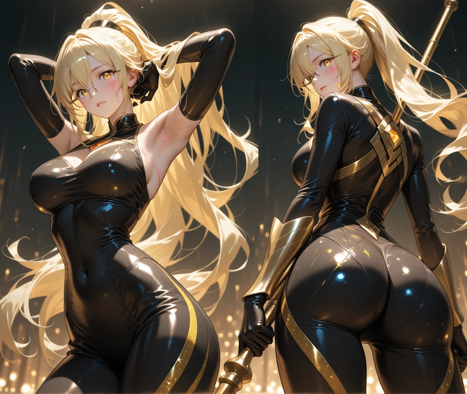(masterpiece, best quality, ultra-detailed, best shadow), (detailed background,dark fantasy), (beautiful detailed face), high contrast, (best illumination, an extremely delicate and beautiful), ((cinematic light)), colorful, hyper detail, dramatic light, intricate details, (1girl, solo, golden blonde hair, elastigirl, gorgeous detailed face, blue eyes, dynamic angle, large breasts, huge ass, tiny waist, fit, muscular, lean), cum splattered (swirling black light around the character:1.5), depth of field, black light particles, (broken glass), magic circle