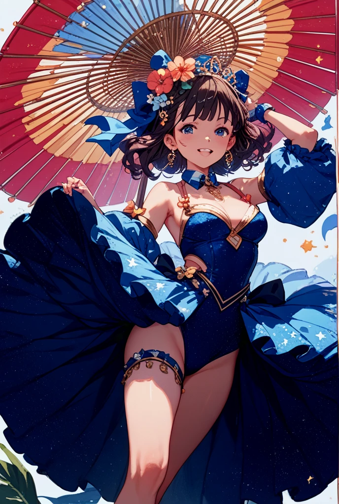 maximum quality、extremely delicate and beautiful、I am、I am、a 14 year old、Japanese、Chiquita、a high school student、A brunette、Canine ears、far away、((blue leotard costume))、（leg high）、tiara on head、a smirk、standing、facing the front、The background is a resort pool、Represents the entire body、gravure