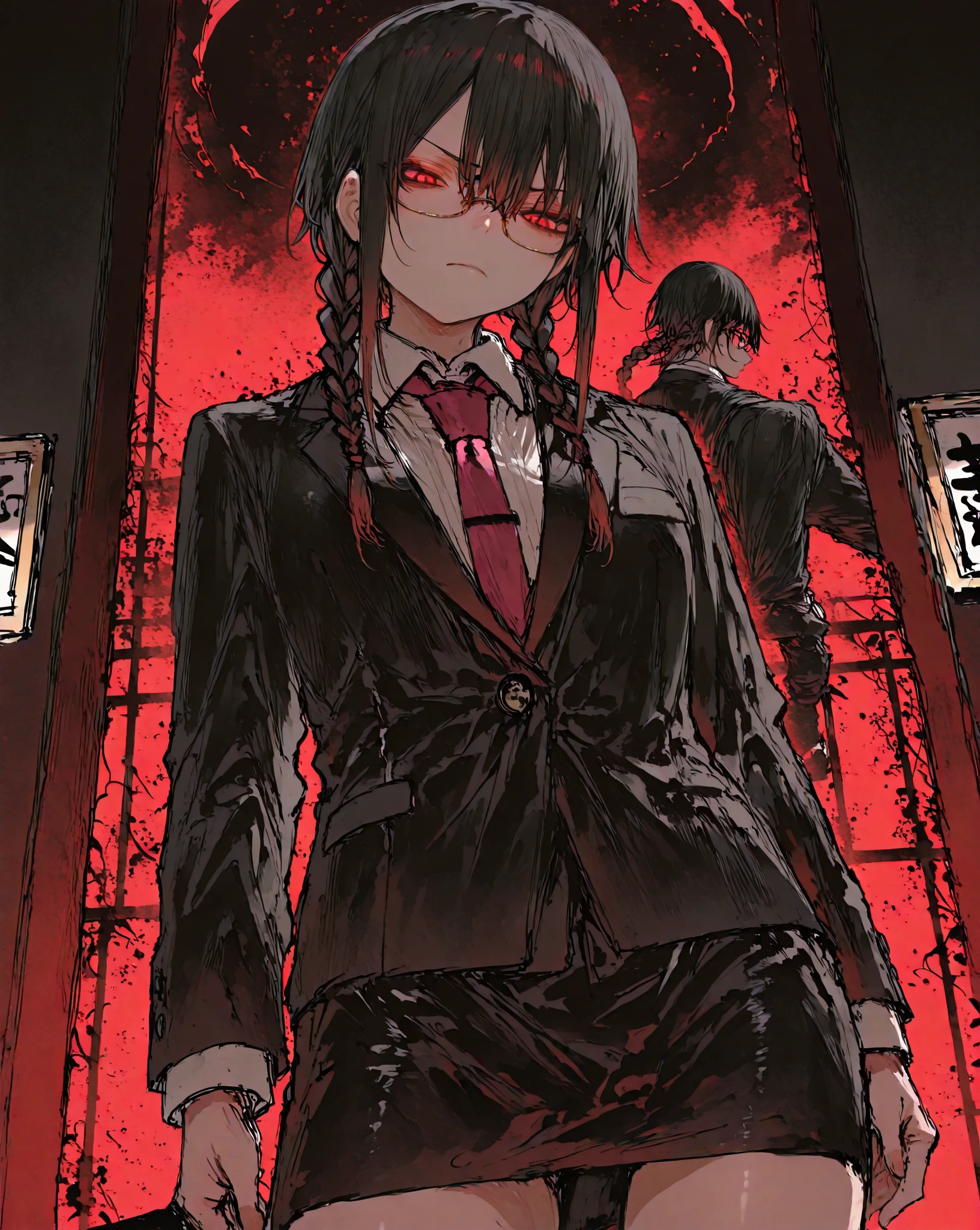 A man, long black hair, red eyes, fair skin, thin body, in a cage, bound, chained, desperate expression, Blood
