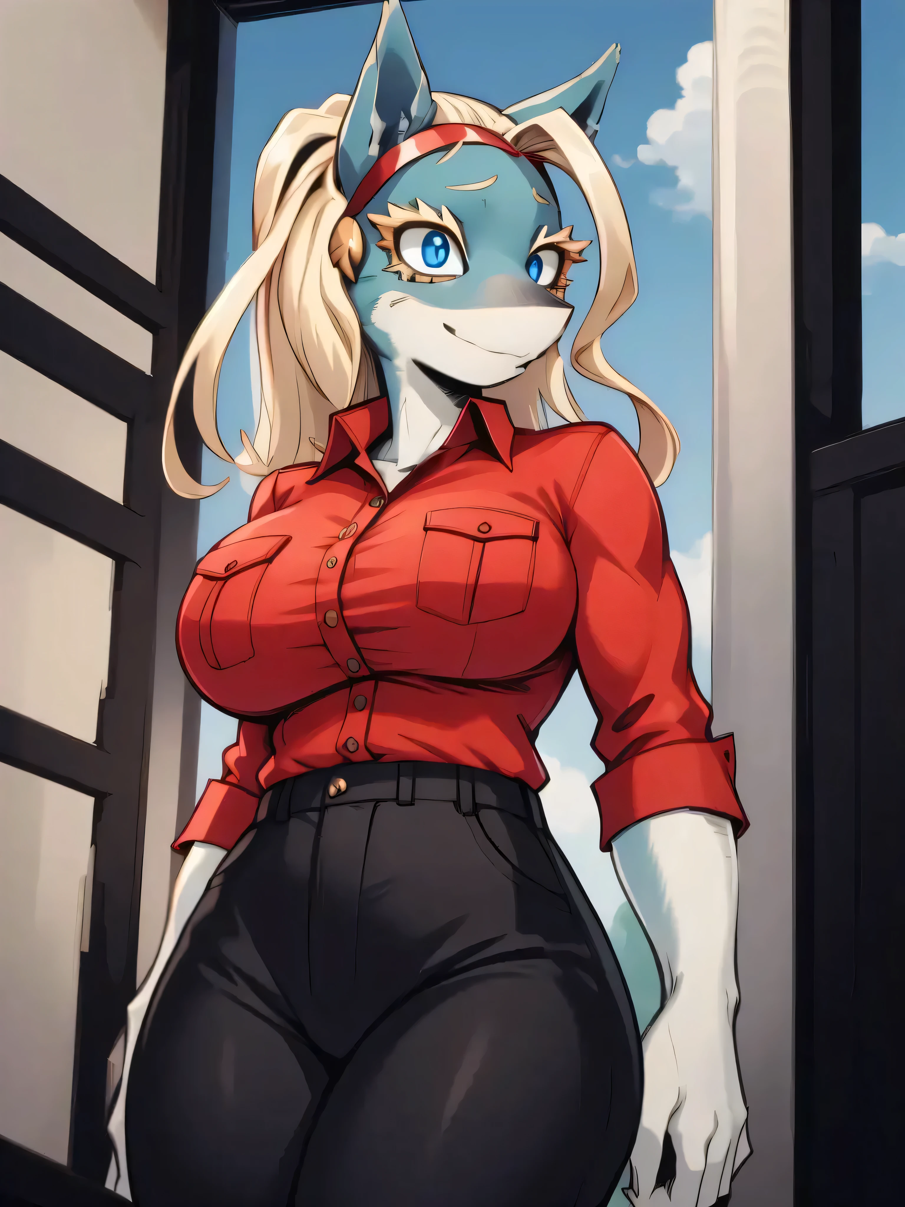 RAW photo, (high detailed skin, detailed eyes:1.1), intricate details, best quality, 8k uhd, 1girl, solo, furry, ippanjosei, (gigantic breasts: 1.6), two-tone fur, red shirt, collared shirt, black pants, standing, wide hips, blue eyes, shirt tucked in, light smile