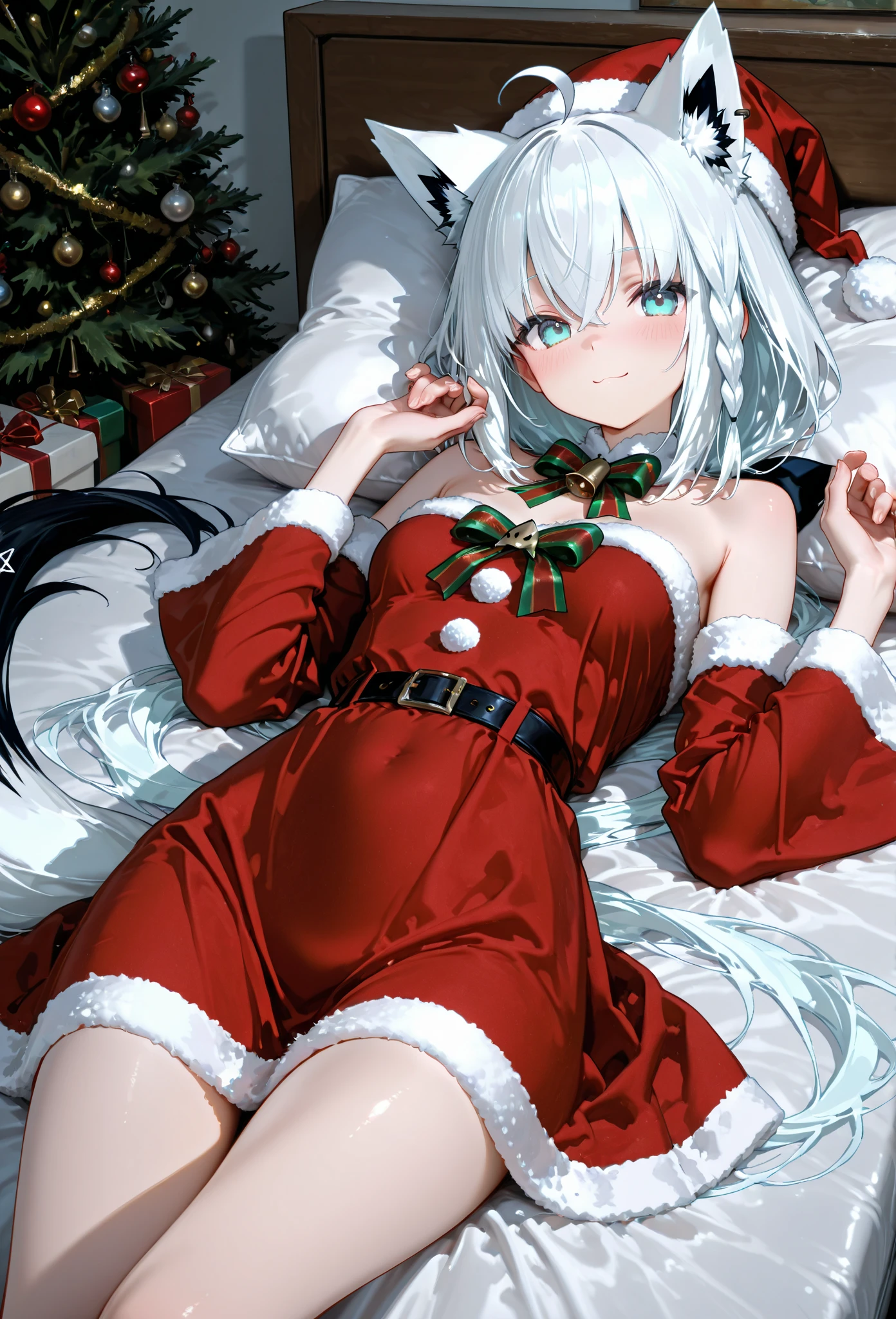 blushing female character in snowy landscape, kind of NSFW, blue eyes, exceptionally long, lush, voluminious white hair, full-body illustration, sitting, look at viewer wearing bikini with, outfit is christmas theme, red and green color pallate, beautiful illustration, best quality, cute girl, vast tundra, finger is hidden with clothes; cloth; fabric,