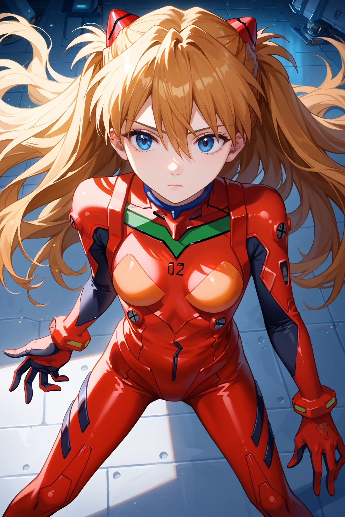 (masterpiece:1.4、Highest quality)、(Intricate details)、Unity8k wallpaper、Super detailed、Beautiful and mysterious、Detailed Background、Hentai Realism、alone、Perfectly detailed face、Detailed blue eyes、Very detailed、Blushed、hair ornaments、Chignon Mahogany Hair、(Blonde)、Plug Suit 02,Shikinami Asuka Langley、Evangelion、A slim 15-year-old girl、Black eye patch on left eye、Full Body Suit、Black Background、On the waist、pirate hat、Red Box、Red jersey、White lines on arms,The pants aren't completely off