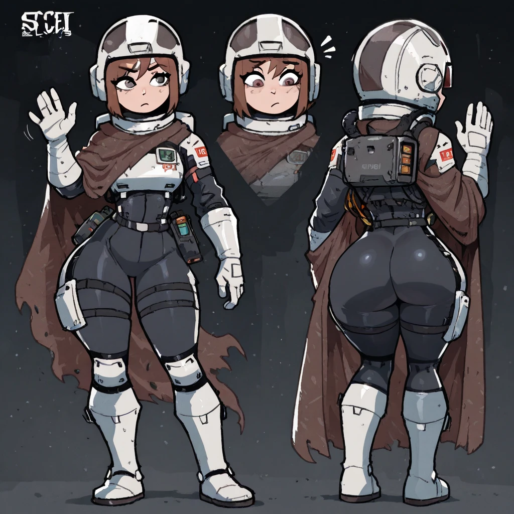 1girl, solo, large breasts, thick thighs,pilot uniform, happy, dark brown hair, long hair, dark brown eyes, standing