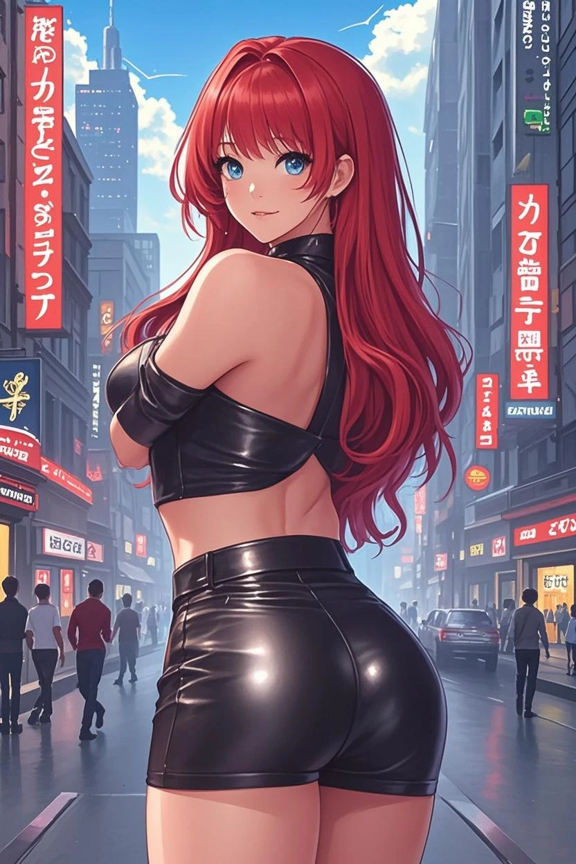 masterpiece, Superior image quality, High resolution, 4k image,Photo and gross, photorealistic, 1 young girl of 20 years old, walking, {Alone},{{{vagina}}}, huge breasts, beautiful face, dark red hair short ponytail, green eyes, very detailed eyes, expression of pride, draw smile showing superiority, choker:1.6, red tight t-shirt, (shiny black leggings), black boots, sensual lips , show details in the eyes, view from behind, perfect ass, Street, city, cloudy