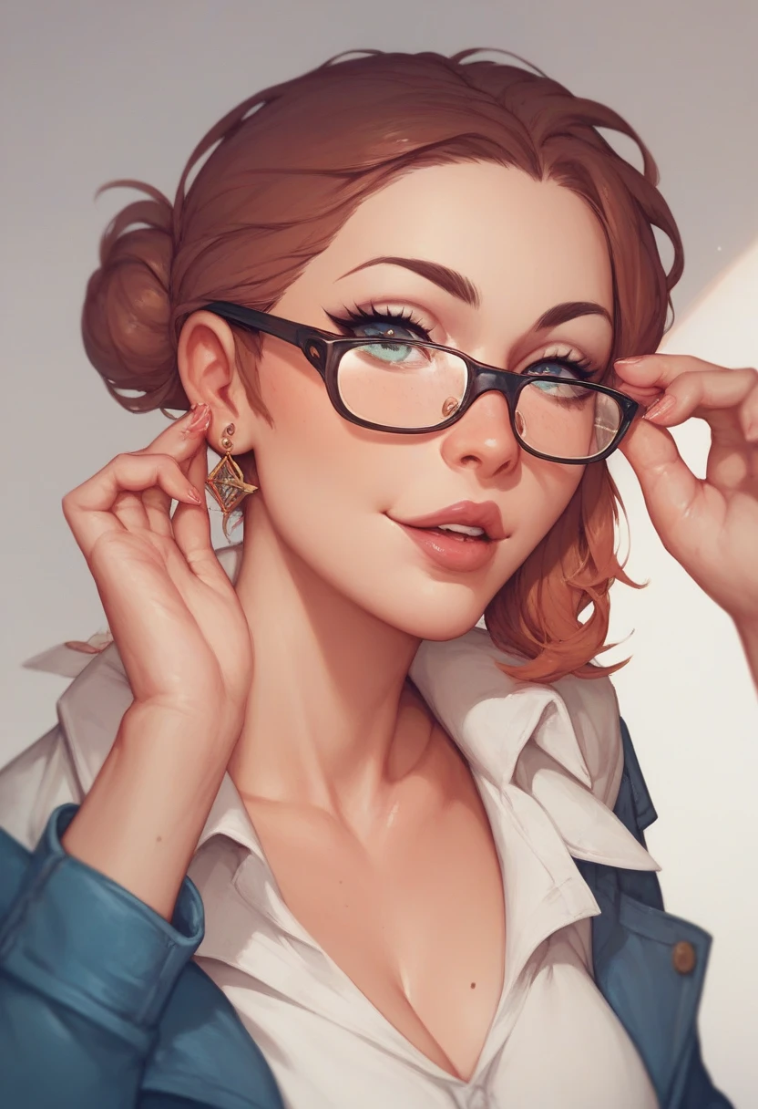 masterpiece, best quality, portrait, stupid, female, sexy, brown hair, hazel eyes, round big glasses, freckles, confused, dumb, pigtails, Margot Robbie, massive tits