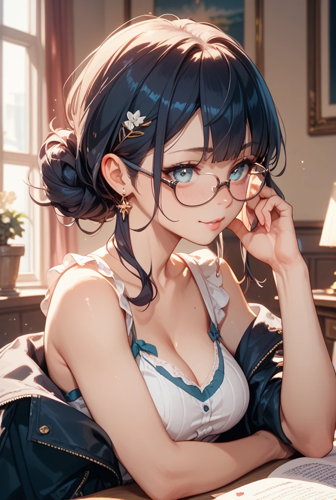 top-quality、Top image quality、masterpiece、girl with((cute little、18year old、Best Bust、Medium bust、Bust 85,Beautiful blue eyes、Breasts wide open,Black Short Sleeve T-Shirt、White see-through、Black short skirt、Ponytail with black hair、Beautiful blue earrings、A slender、Blue hair mesh、sit a chair、Meet your audience face-to-face、Leaning forward、Cheers、Poses that emphasize breasts、Fiddling with glasses、Drunken face、Look away a little))hiquality、Beautiful Art、Background with((Red and blue lighting、Stylish restaurant at night、Stylish table、White Wine Bottle、White Wine Glasses)),masutepiece、Elaborate design、visualart、depth of fields、The best lighting、highestdetailed、8k