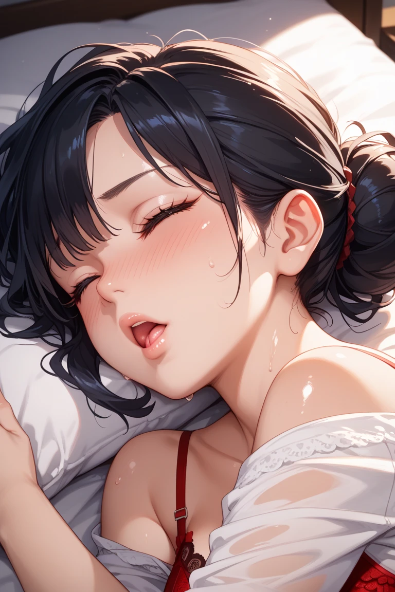 (Best quality, 8k, 32k, Masterpiece, UHD,:1.2),RAW, 1girl,ultra cute , natural lighting,transparent shining eyes, 20yo ,fair complexion, dark brown hair, french braid, flushed face,femur, medium hair, White Tank top, Sweat, ponytail, lying on bed, medium breast, emphasizing the breast, upper body shot,(ecstasy:1.3) ,(slut:1.2), (vulgarity:1.3), (fucked silly:1.1),(steam:1.1),(wet:0.8),(trembling:0.8),(tears:0.7) ,(drooling:0.6),(sweat:0.8), embarrassed, blush, closed eye, open mouth, ((side view)), arms up