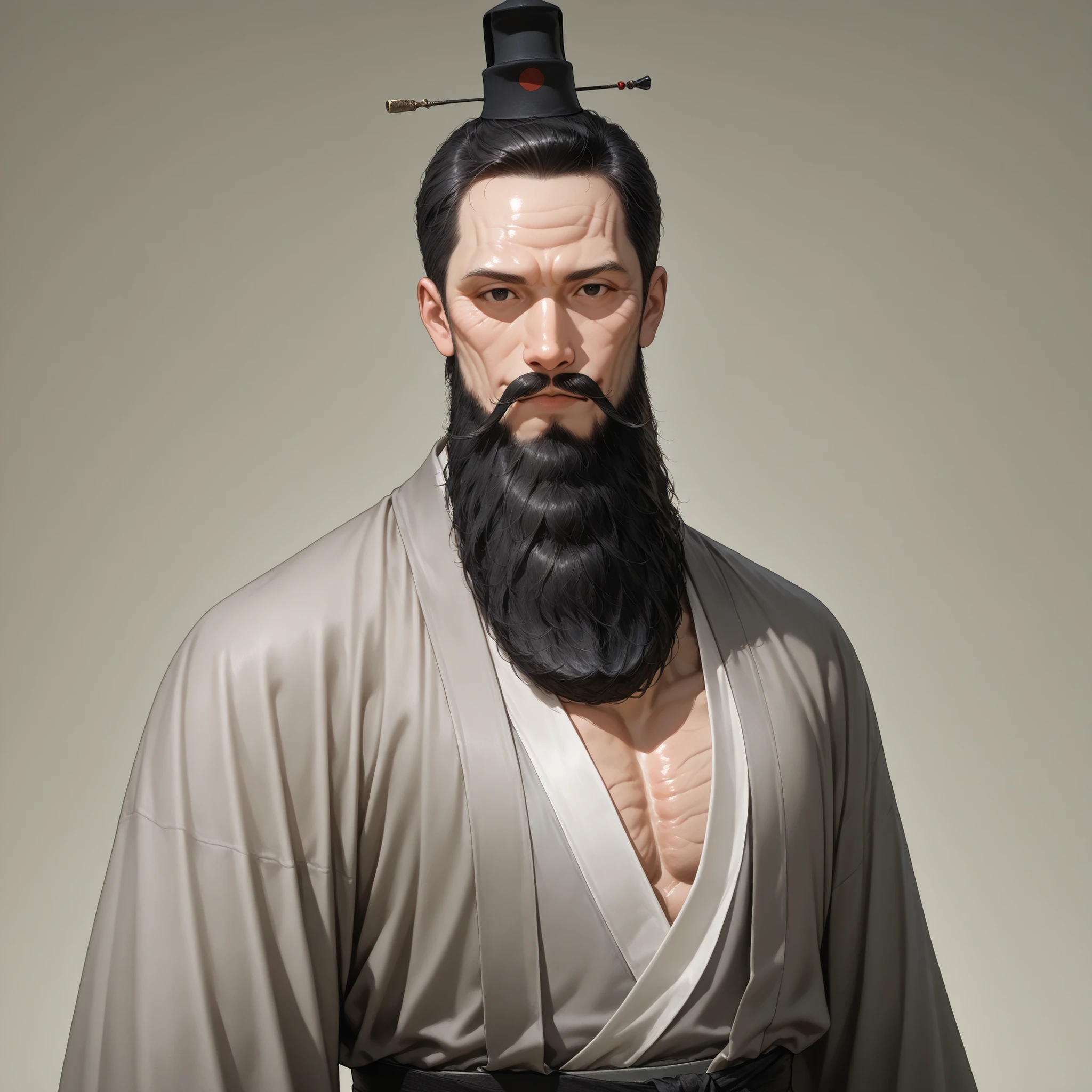 very aesthetic, 걸작, 고해상도, 8k 해상도, high contrast, (semi-realistic), newest, koreanai, best_quality, finely_detailed_eyes_and_detailed_face, (1 chinese old_man), solo, (wrinkles:1.5), mature skin, short_hair, (no bangs, forehead exposed), big beard, mustache, muscular, black_eyes, hat, gray hanfu,expressionless, looking_at_viewer, standing, simple_background, dynamic_pose, upper_body_shot , black_hair