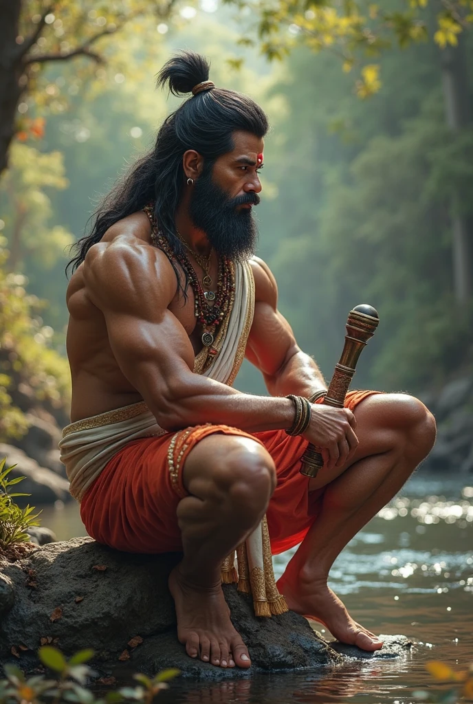 An old man with long beard and long hair wearing brown dhoti and brown towel with stick in hand meditating under a big tree before an egg.