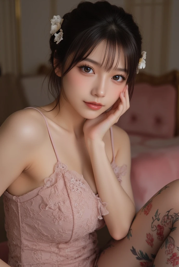arafed woman in a pink dress holding a camera and a flower in her hair, sexy girl, beautiful asian girl, gorgeous chinese model, asian girl, beautiful south korean woman, very beautiful girl, lovely woman, with beautiful exotic, japanese goddess, beautiful asian woman, gorgeous young korean woman, beautiful girl model, beautiful young korean woman, sha xi, very pretty model