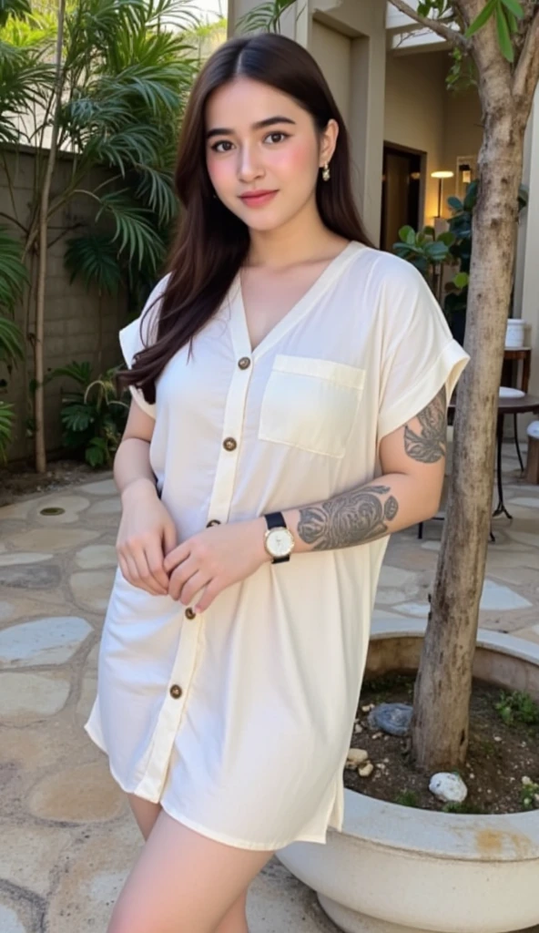 (realistic:1.3), A beauty girl with tattoos on body, beautiful art tattoo detailed, ((text tattoo on her body: Fuck Me)), detailed beautiful eyes, big breast, cute chubby, baby face, insane detailed, quality, (masterpiece:1.2), (photorealistic:1.2), (best quality), (detailed skin:1.3), (intricate details), ray tracing, ((half body)), (((1girl))), (((1 person))), 20 years old, short hair, smile, blue dress, skirt with pattern, color contrast between the dress and the skirt, skirt pattern, earrings, necklace, Javanese ornament, (blurred background)