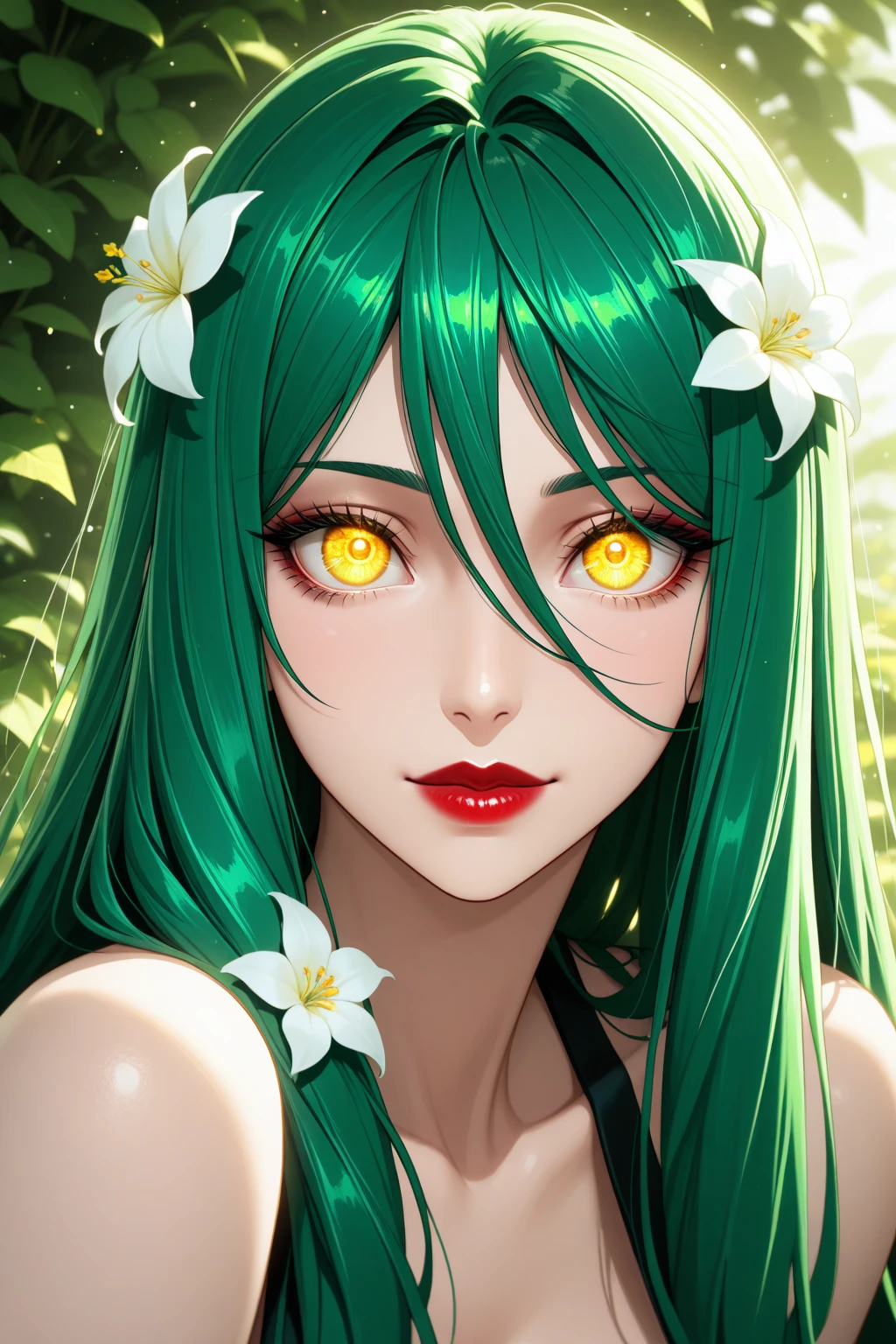 score_9, score_8_up, score_7_up, Portrait, Lum, cute, , innocent, light smile:0.3, plump lips, slender body, solo, very long green hair with bangs, orange eyes, tiger print, strapless , yellow little horns, small horns, bokeh, moonlight passing through hair, perfect night, full moon, reflection, lake background, 4n1v3rs3, depth of field, dynamic angle, fashion photography, sharp, hyperdetailed:1.15