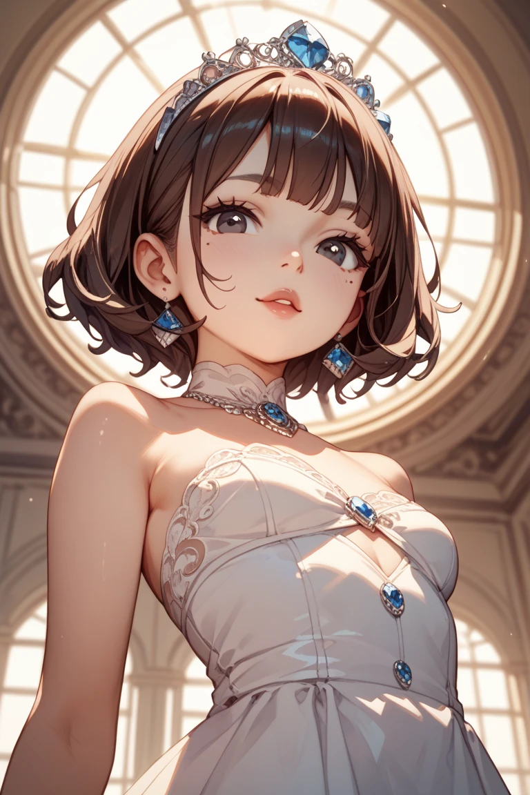 ((Biologically correct limb count))、(( Full-body photo including face))、4K、((Standing position))、masterpiece、((Focus on the face))、((Symmetrical facial features))、Eye for detailed depiction、Beautiful blue-haired woman、Excellent style、Beautiful clavicle、Beautiful feet、Beautiful Hands、Glamorous body、(stockings、garter belt、High heels）、Facial detailing、Small earrings、necklace、(No sleeve、Pleated skirt、Completely naked)、High heelsに照明を当てる、tie、sunny、(((Photo frame with white border)))、Seductive posture、((Looking up))、(Low - Angle、A camera angle that captures the inside of a skirt from below)、Silk gloves、(((Short Hair)))、(((Moments of ecstasy)))、((Looking back))
