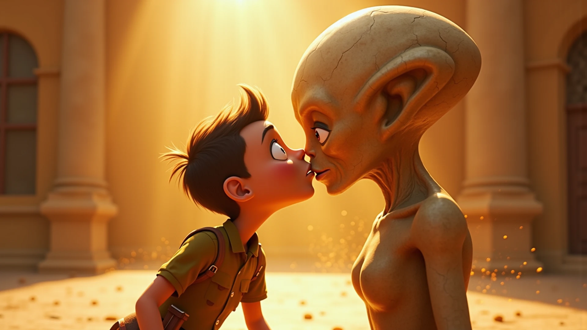 an alien girl and a human boy looking at each other
(photo size=2inches×inches2)