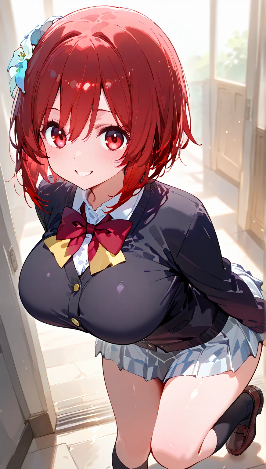 ((masutepiece, Best Quality, hight resolution, nffsw, Perfect Pixel, depth of fields, 4K, )), 1girl in, Solo, , Beautiful anime girl, Beautiful Art Style, close up, Looking at Viewer, Perfect body, Yuigahama Yui, Short hair, single hair bun, pink hair, (large boob), Full face blush, Smile, thighs thighs thighs thighs, reverse bunnysuit, red bowtie, nipples, hand on ass, bent over, white background, side shot, Focus,