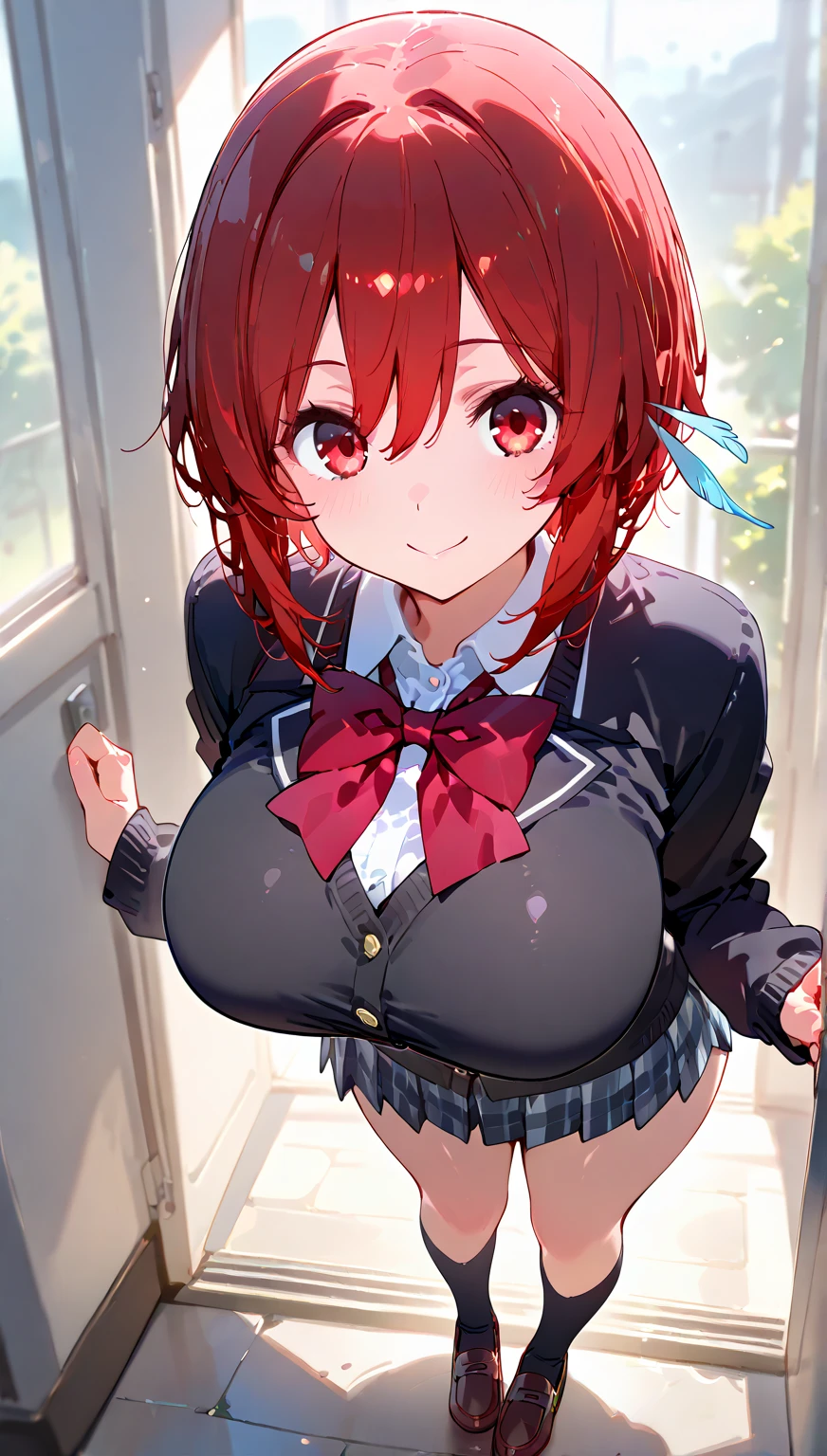 school girl Soak in water , red knot , red bow , white Shirt , big tits , Big breasts , skirt dark red , plaid skirt , pleated skirt