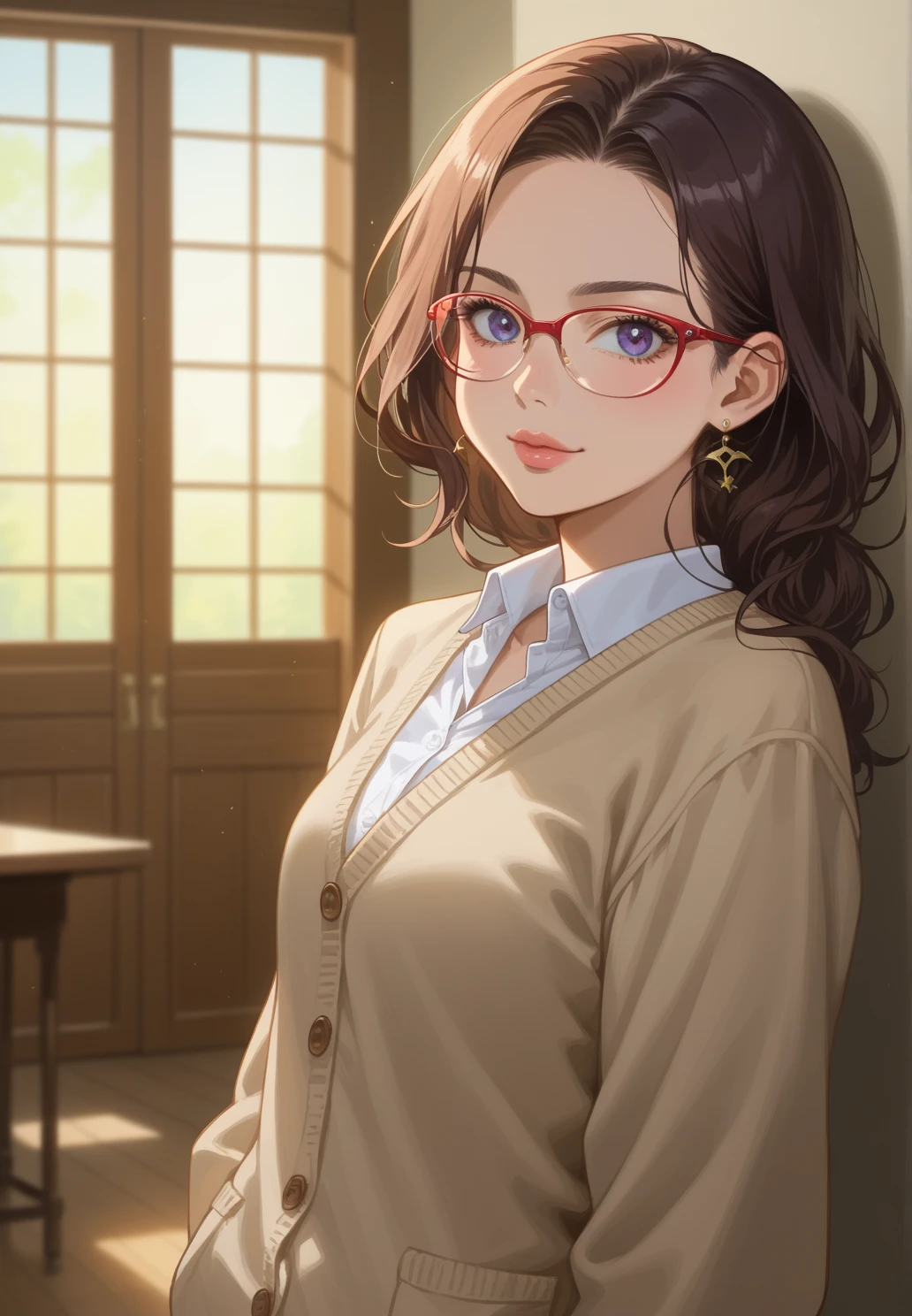 8k, highest quality, masterpiece, Realistic, Photorealistic, Ultra-detailed, Natural light, large breasts with good shape, I can see her cleavage, 1 person, 40-year-old woman, Black Hair, Beaver, Straight Hair, Silver-rimmed glasses, (Look at the viewers), Knitted V-neck shirt, Highly detailed face and skin, Detailed eyes, Highly detailed face and skin,日Book人,Mature Woman,Book,A big smile